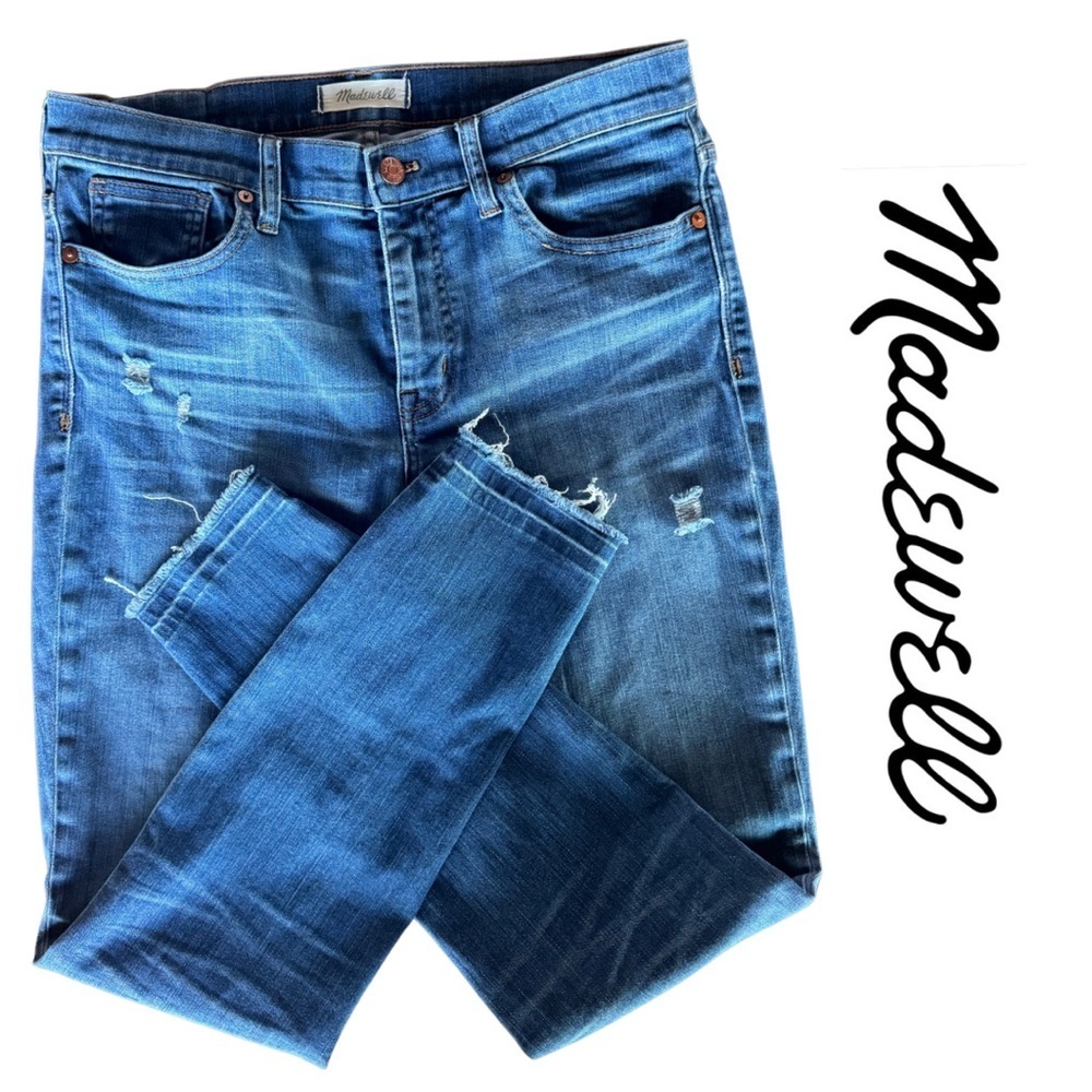 Madewell Skinny Skinny 9” High Riser Blue Distressed Jeans Raw Hemline 30 VGC